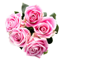 Bouquet of pink roses isolated on white background. For Valentines day or wedding. Space for text.
