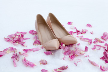 Pair of nude women heels shoes on snow with rose petals. Winter scene. Fashion ideas. Christmas, wedding and Valentines day  background.
