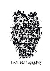 black and white vector calligraphic owl illustration isolated on white background