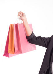women holding shopping bags in her hand with a copy space,isolated on white background