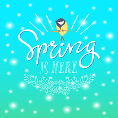 Spring is here with birds watercolour style. hand letter. vector illustration