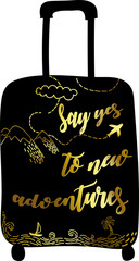 Suitcase silhouette with hand drawn mountains, airplane and sea. Calligraphy quote Say yes to new adventures. Wanderlust.  Sketch style. Vector gold illustration. 
