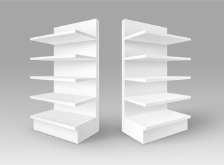 Vector Set of White Blank Empty Exhibition Trade Stands Shop Racks with Shelves Storefronts Isolated on Background