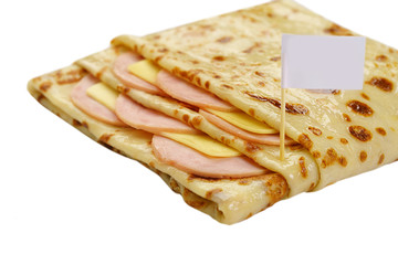 Stuffed pancake white background view