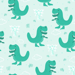 Cute seamless pattern with funny dinosaurs. vector illustration.