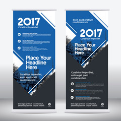 Blue Color Scheme with City Background Business Roll Up Design Template.Flag Banner Design. Can be adapt to Brochure, Annual Report, Magazine,Poster, Corporate Presentation, Portfolio, Flyer, Website