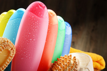 Plastic bottles of body care and beauty products