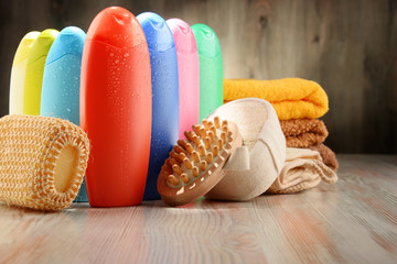 Plastic bottles of body care and beauty products