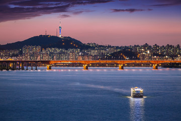 Seoul city and bridge and Han river, South Korea.