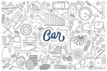 Car service details doodle set with lettering