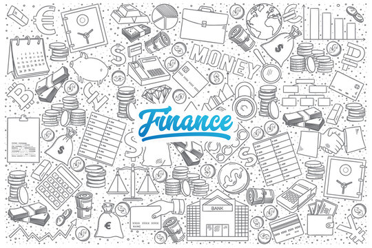 Finance doodle set with blue lettering