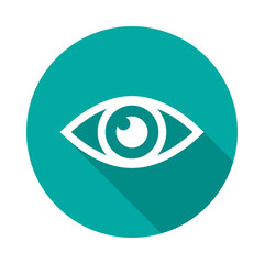 Eye icon with long shadow. Flat design style. Round icon. Eye silhouette. Simple circle icon. Modern flat icon in stylish colors. Web site page and mobile app design vector element.