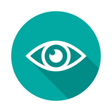 Eye icon with long shadow. Flat design style. Round icon. Eye silhouette. Simple circle icon. Modern flat icon in stylish colors. Web site page and mobile app design vector element.