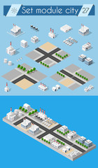 Cityscape design elements with isometric building city map generator. 3D flat icon set. Isolated collection elements for creating your perfect road, park, transport, trees, infrastructure, industrial