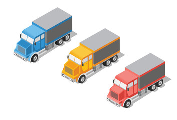 Set cargo truck isometric transportation icon. Lorry with container transport isolated on white background. Industrial logistics. For commercial delivery infographics, web design