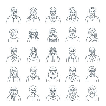 People faces avatars linear vector icons. Flat line portraits of men and women, young and senior. Caucasian, African, Asian, Arab ethnicity. Characters with different lifestyles, hairstyles, clothes