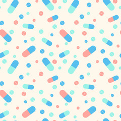 Seamless pattern with blue and pink and blue and mint capsules and pink, blue and mint pills
