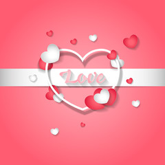 Vector background on the theme of love. White, red hearts, white ribbon and the word "Love" on a pink background. Valentine's Day Card