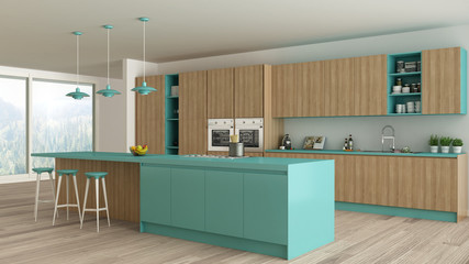 Minimalistic kitchen with wooden and turquoise details, scandina