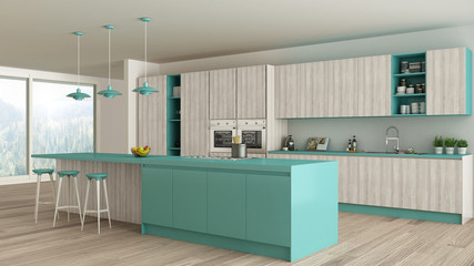 Minimalistic kitchen with wooden and turquoise details, scandina