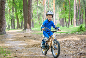 Happy kid boy of 4 years having fun in autumn or summer forest with a bicycle on beautiful fall  spring day. Active child making sports. Safety, , leisure  kids concept.