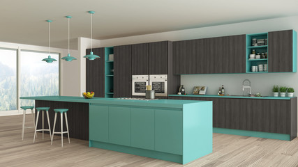 Minimalistic kitchen with wooden and turquoise details, scandina