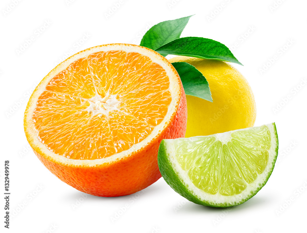 Wall mural citrus composition. fruit with leaves isolated on white backgrou - Wall murals