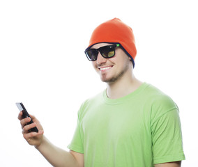 cheerful man  using smartphone, 