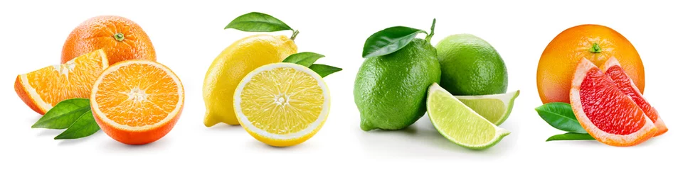 Foto op Plexiglas Vruchten Fruit composities met bladeren geïsoleerd op een witte achtergrond. Ora