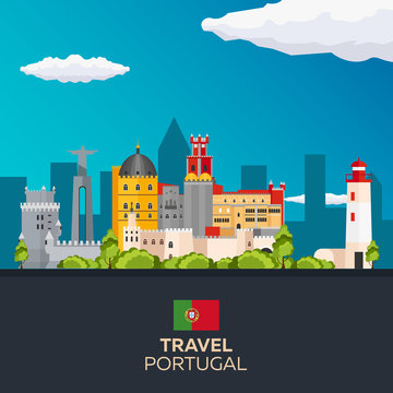 Travel to Portugal skyline. Vector flat illustration.