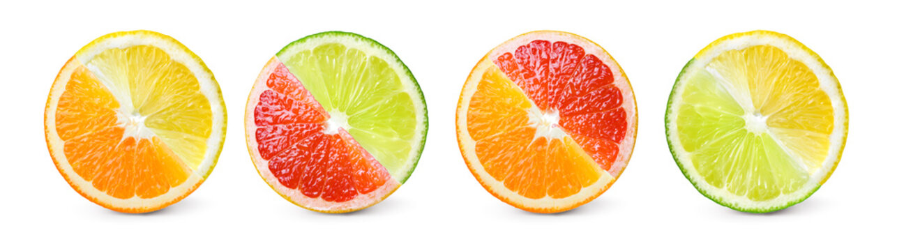 Citrus fruit. Mix of orange, lemon, lime, grapefruit. Slices iso