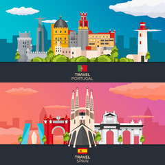 Obraz premium Travel to Portugal and Spain skyline. Vector flat illustration.