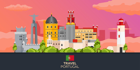 Travel to Portugal skyline. Vector flat illustration.