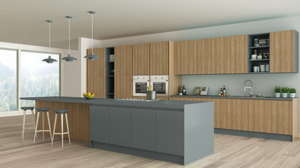 Minimalistic kitchen with wooden and gray details, scandinavian