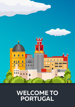 Poster Travel to Portugal skyline. Vector flat illustration