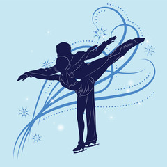 Couple of figure skaters against the background of blue patterns