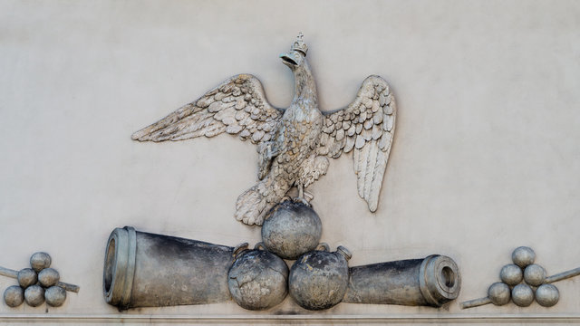 Old polish eagle. National symbol on the stone wall of Jasna Gora Monastery