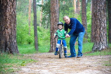 Fototapeta premium Little kid boy of 3 years and his father in autumn forest with a bicycle. Dad teaching son. Man happy about success. Child helmet. Safety, sports, leisure kids concept