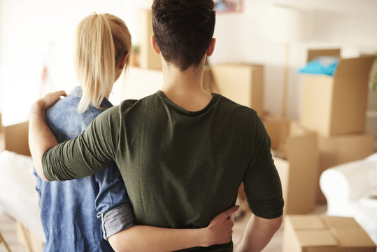 Rear view of embraced loving couple