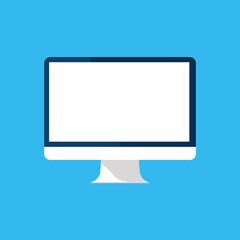Computer, monitor, PC, all in one icon. Device isolated on blue. White screen, template blank, mock up. Vector cartoon flat illustration for web site, mobile app, UI