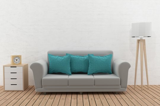 modern sofa in the room loft design in 3D rendering