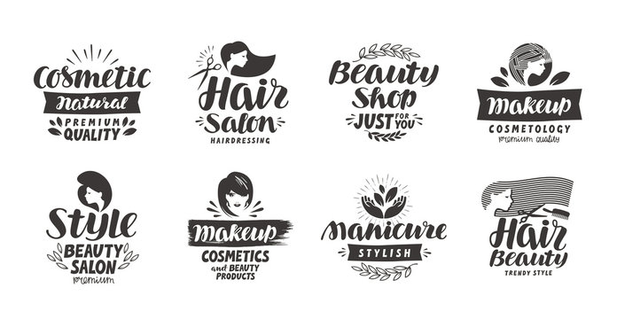 Beauty salon logo, set of icons. Beautiful labels such as cosmetic, makeup, manicure, style. Vector illustration