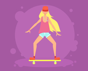 Young woman riding on a skateboard. Vector illustration