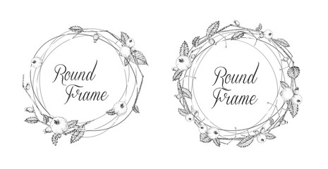 Floral frames for greeting cards or invitations. Black and white. Vector illustration. Composition of autumn flowers and berries. Pointillism style.