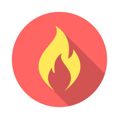 Fire flame icon with long shadow. Flat design style. Round icon. Fire flame silhouette. Simple circle icon. Modern flat icon in stylish colors. Web site page and mobile app design vector element.