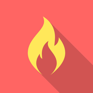 Fire flame icon with long shadow. Flat design style. Fire flame silhouette. Simple icon. Modern flat icon in stylish colors. Web site page and mobile app design vector element.