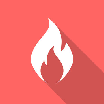 Fire flame icon with long shadow. Flat design style. Fire flame silhouette. Simple icon. Modern flat icon in stylish colors. Web site page and mobile app design vector element.