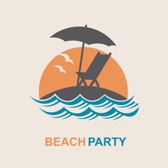 emblem of summer vacation with reclining chair and umbrella on island