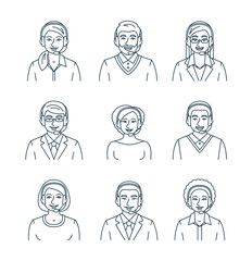 Call center agents flat line avatars. Live chat operators, guys and girls smiling faces. Online customer care support service assistants with headphones. Help desk Caucasian, African, Asian consultant