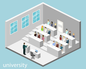 Isometric flat 3D concept vector interior university auditorium.